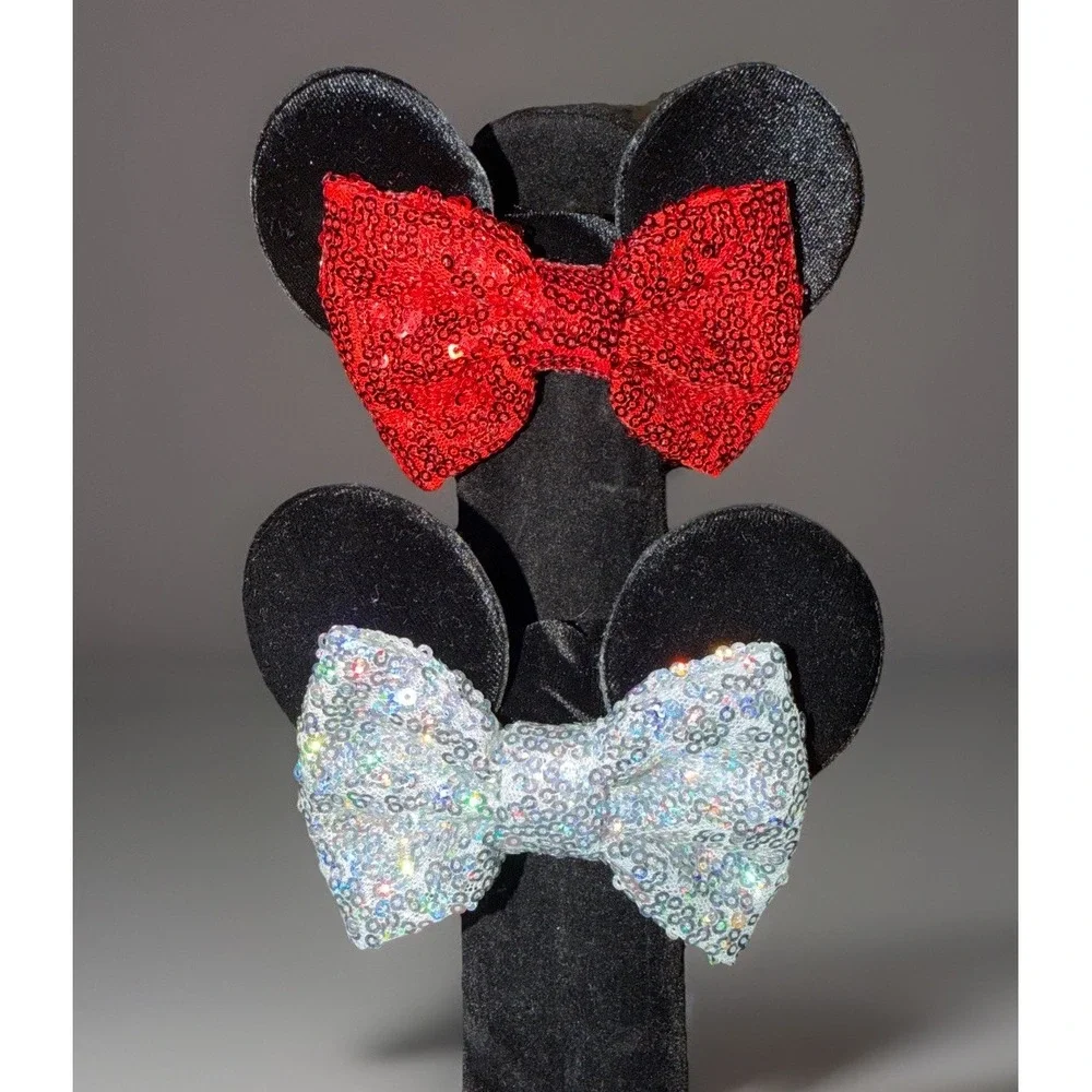 Two Women's Sequins Hair Bow Scrunchies Velvet Mouse‎ Ear Hair Ties for Ponytail